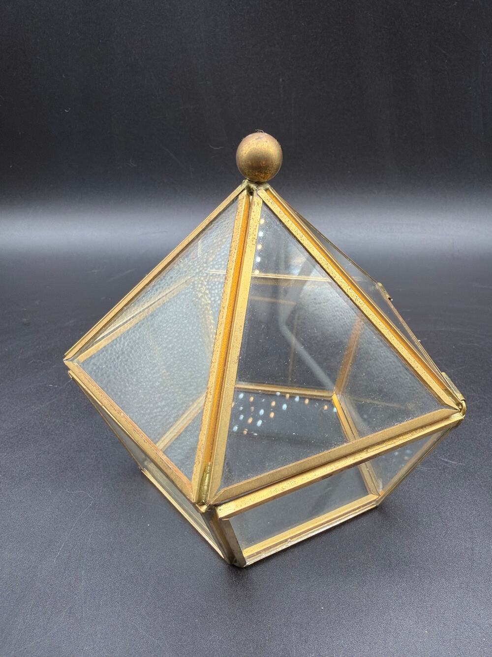 Vintage Brass Glass Pentagon Trinket Box Hinged Jewelry Case Terrarium 6.5"